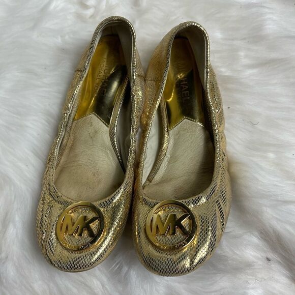 Michael Kors leather Gold python embossed flats ballerina logo embellish… - Picture 1 of 9